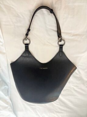 Steve Madden Black Leather Shoulder Tote with Silver Ring Hardware
